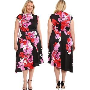 Maggy London Woman Multi Black Floral Asymmetric Charmeuse Midi Dress 24W NWT